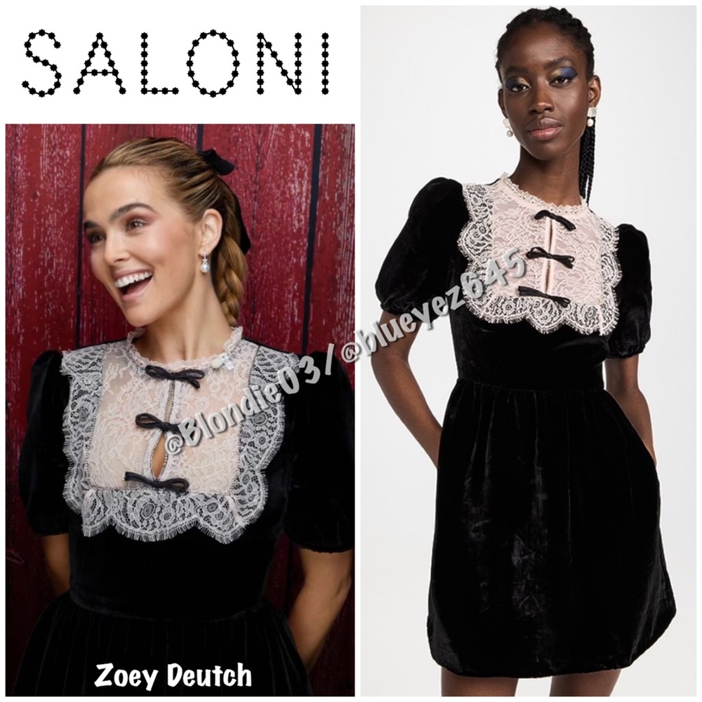SALONI Black Velvet Mini Dress with Cream Lace Bib
